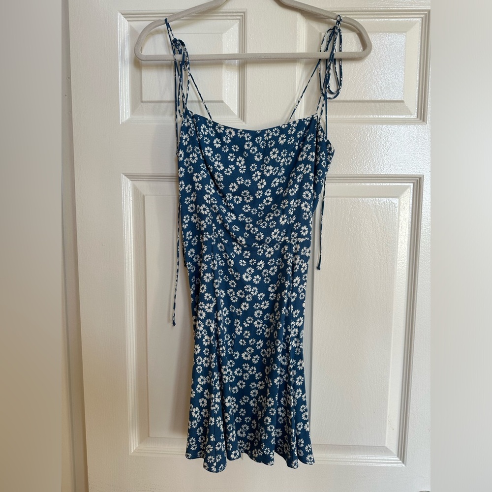 Reformation Navy Blue Floral Tie-Shoulder Mini Dress
